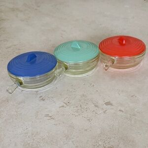 vintage Jeanette Glass Lidded Soup Bowls Colorful Mid Century modern